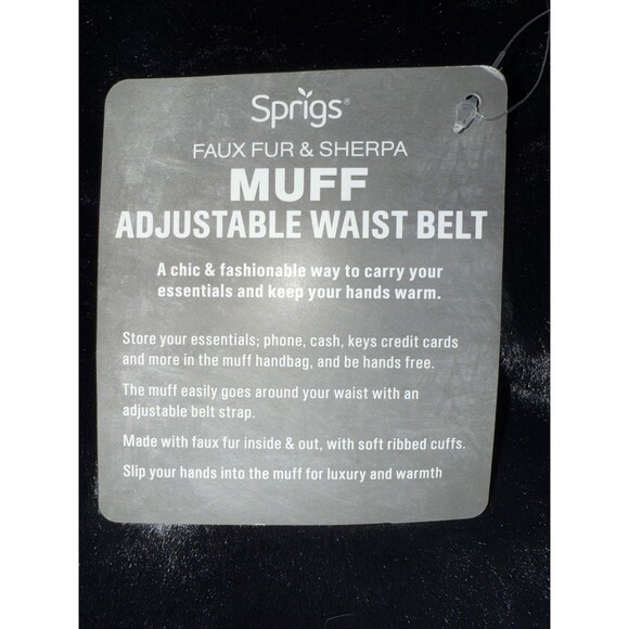 Sprigs Adjustable Black Faux Fur Hand Muff Belt Bag with Extender Soft & Warm - Picture 7 of 10